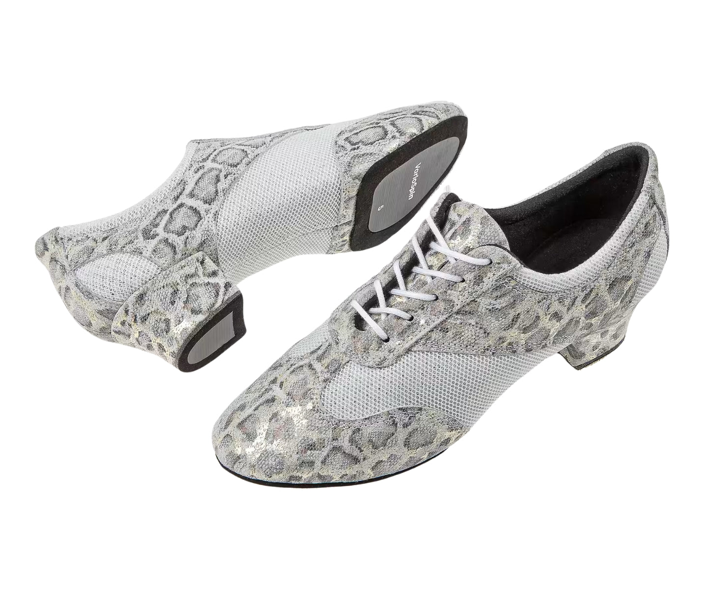 Beige-goldene Leoparden-Tanzschuhe von Diamant, zum Schnüren mit Schlangenledermuster und kleinem Absatz, ausgestattet mit einer Hybrid-Laufsohle.